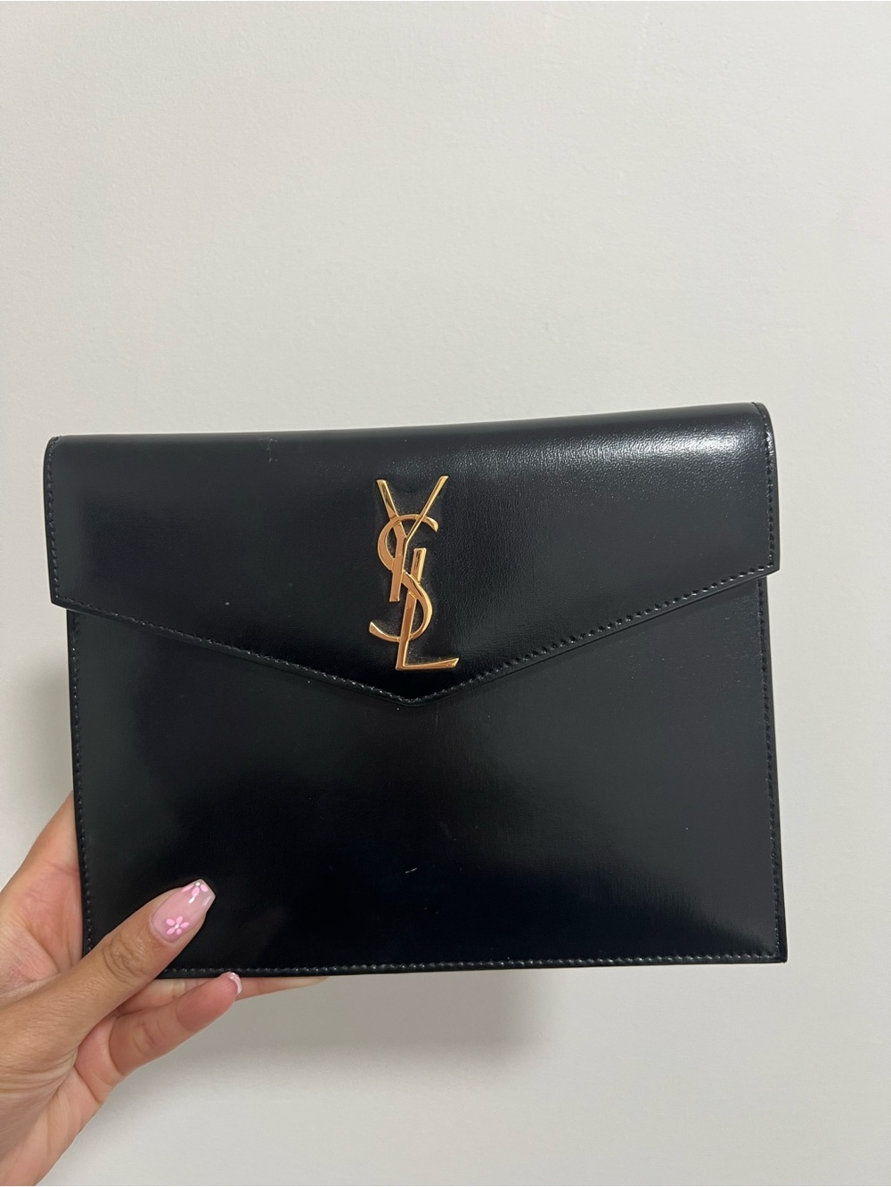 Saint Laurent Black Leather Envelope Clutch with Gold YSL Emblem